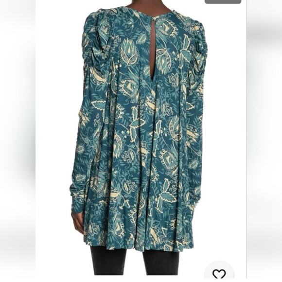 Free People Hello Lover Turquoise Floral Puff Sleeve Mini Dress Tunic Top L Boho - Picture 3 of 16
